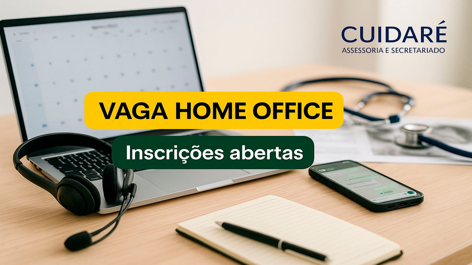 Assistente de Agendamento home office na CUIDARÊ com notebook corporativo e atuação para clínica parceira