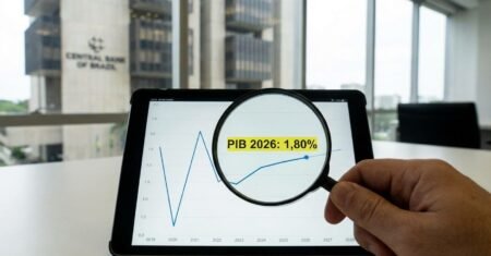 Banco Central mantém projeção de 1,80% para o PIB de 2026 no Focus, sinal de que o mercado ainda vê crescimento moderado e demanda por cautela