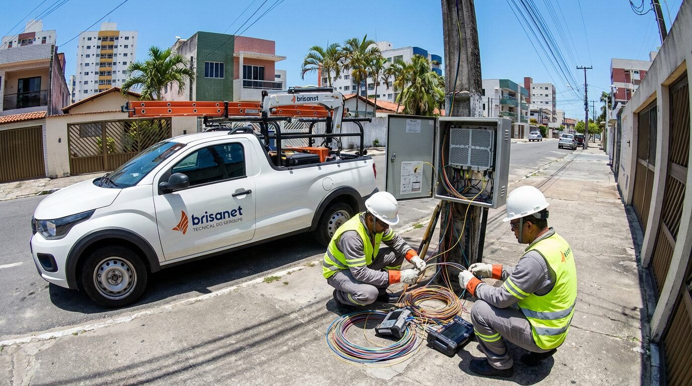 Técnicos da Brisanet trabalhando na instalação de rede 5G em Sergipe