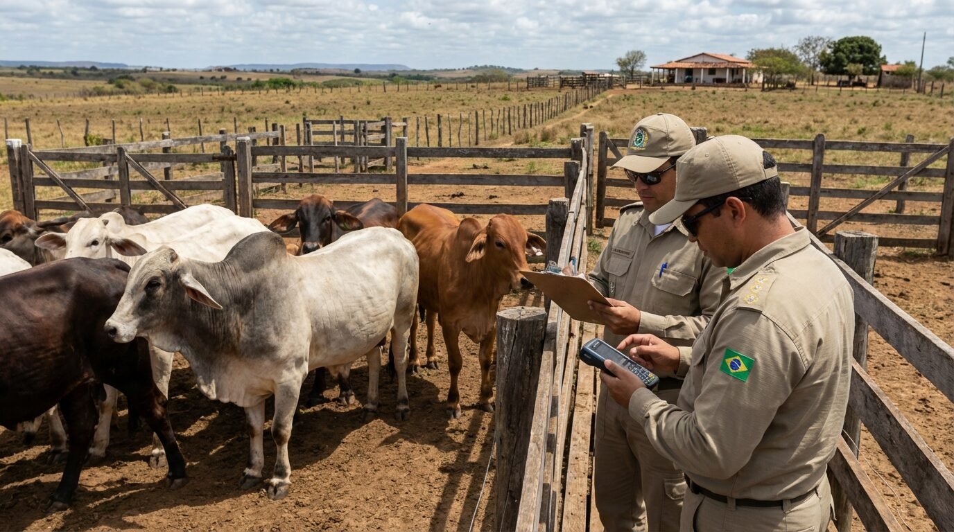 Fiscais agropecuários da Adab inspecionando rebanho no interior da Bahia