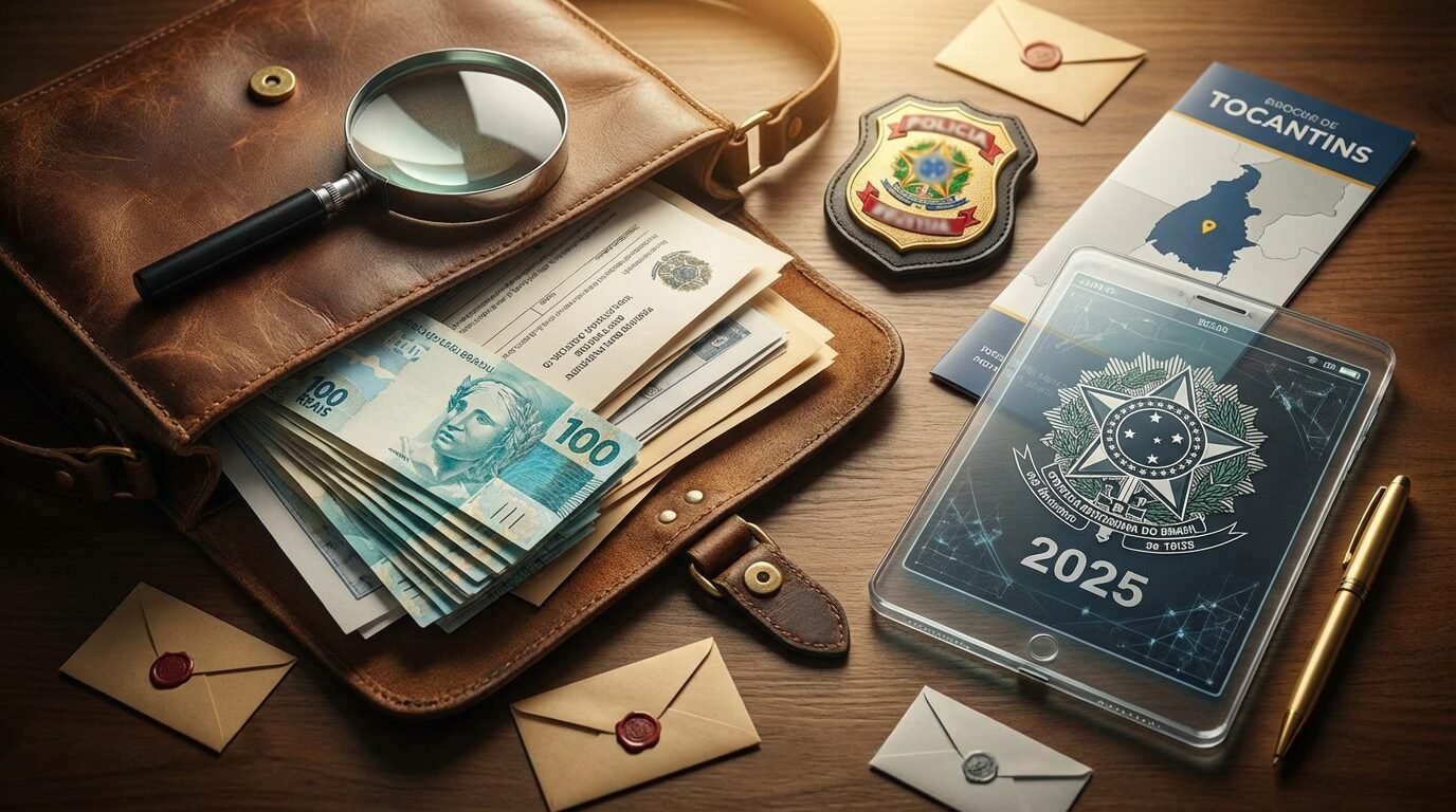 Servidor público conferindo documentos fiscais sobre mesa com calculadora