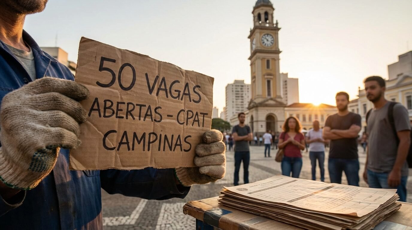 Fachada do CPAT de Campinas com pessoas buscando vagas de emprego
