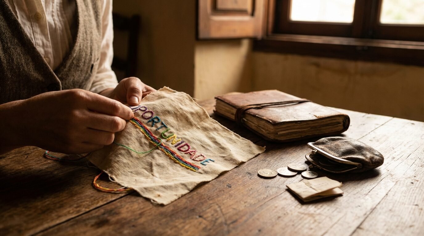 Mãos operando máquina de bordado em tecido durante aula de bordagem
