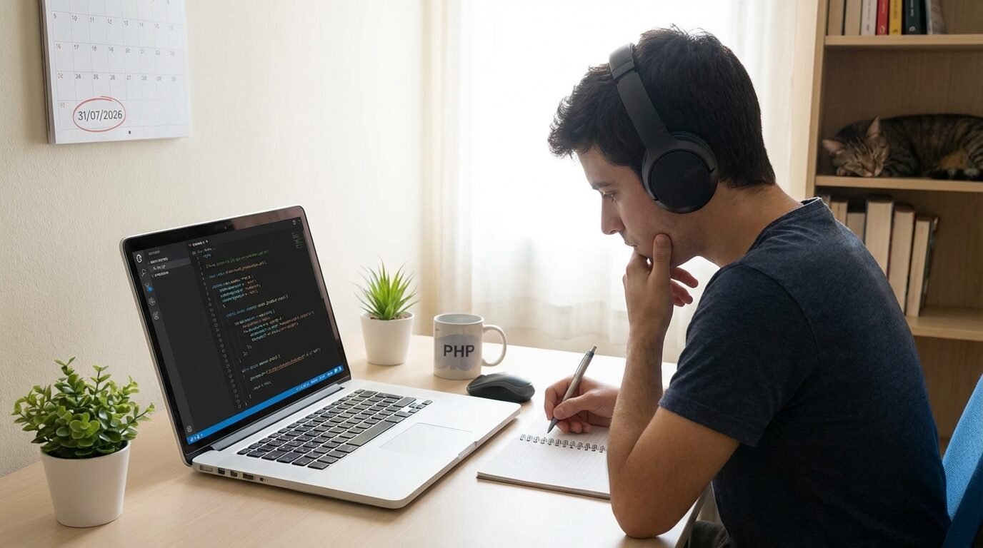 Estudante programando em PHP no computador durante curso online do IFRS