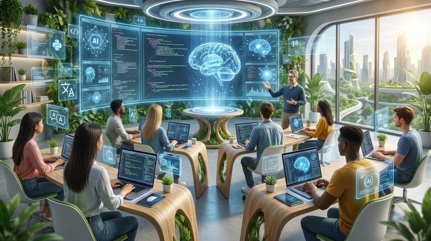 Alunos estudando programação em sala com notebooks e instrutor