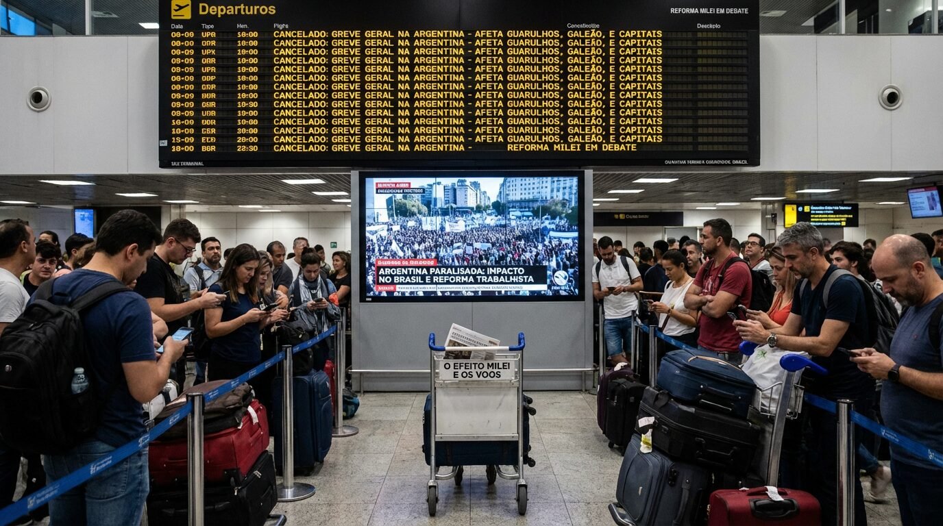 Greve geral na Argentina provoca cancelamentos de voos no Brasil, afeta Guarulhos, Galeão e mais capitais, e pressiona o debate da reforma trabalhista do governo Milei