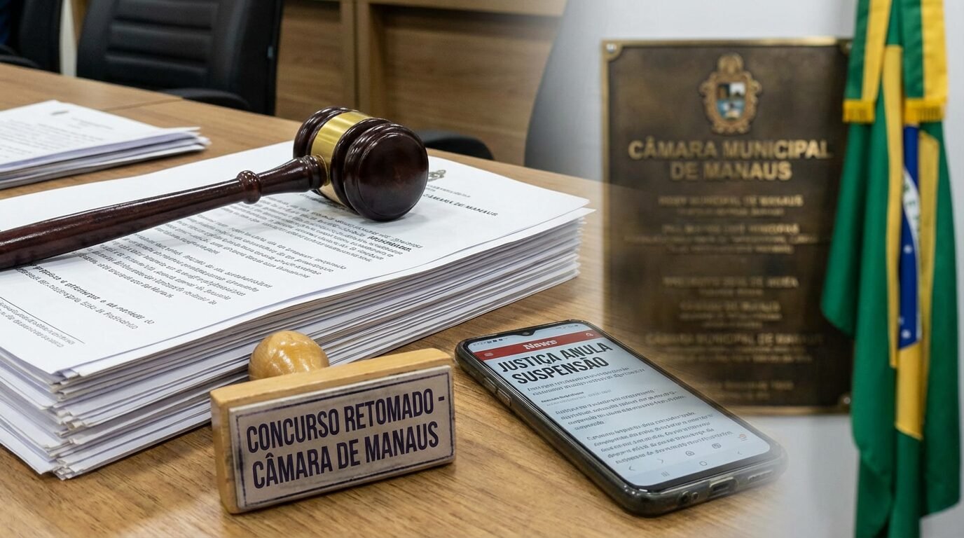 Fachada da Câmara Municipal de Manaus com bandeiras, em dia nublado