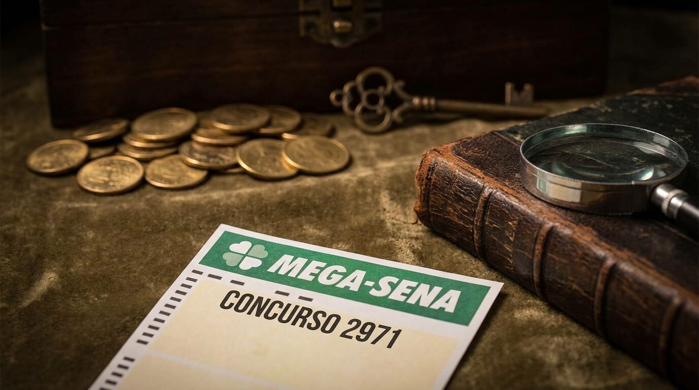 Globo de sorteio e volantes da Mega-Sena sobre balcão de lotérica