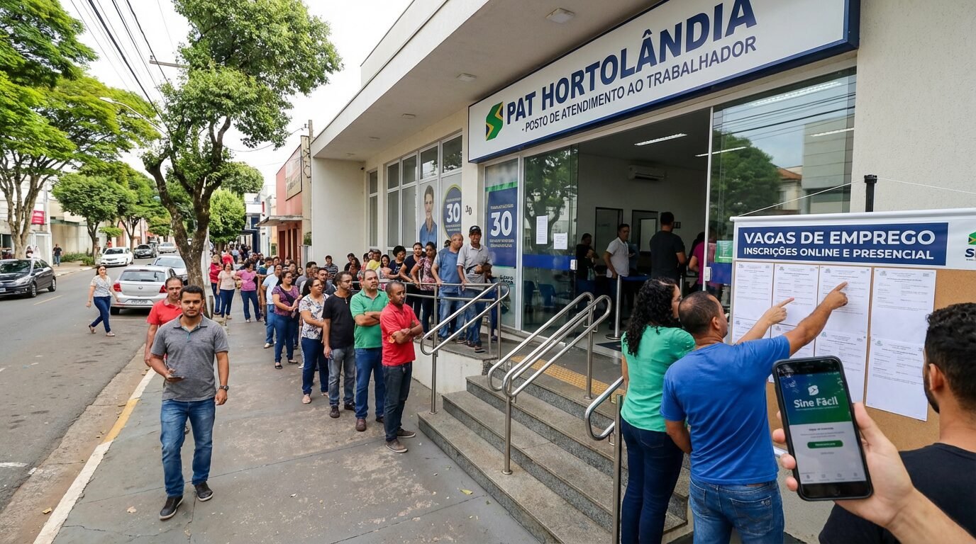 Fachada do PAT Hortolândia com pessoas no atendimento ao trabalhador