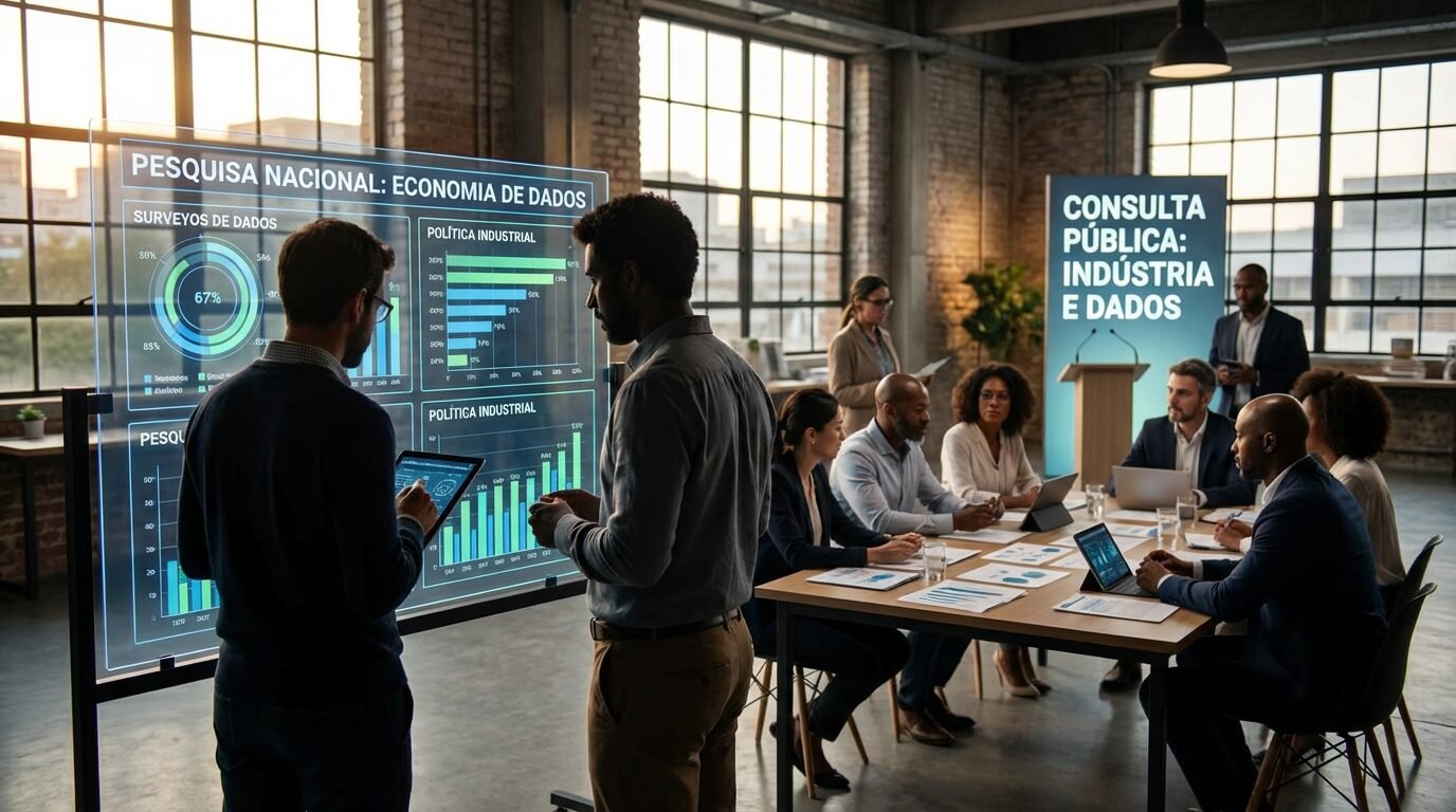 Linha de produção industrial com gráficos e indicadores de dados sobrepostos