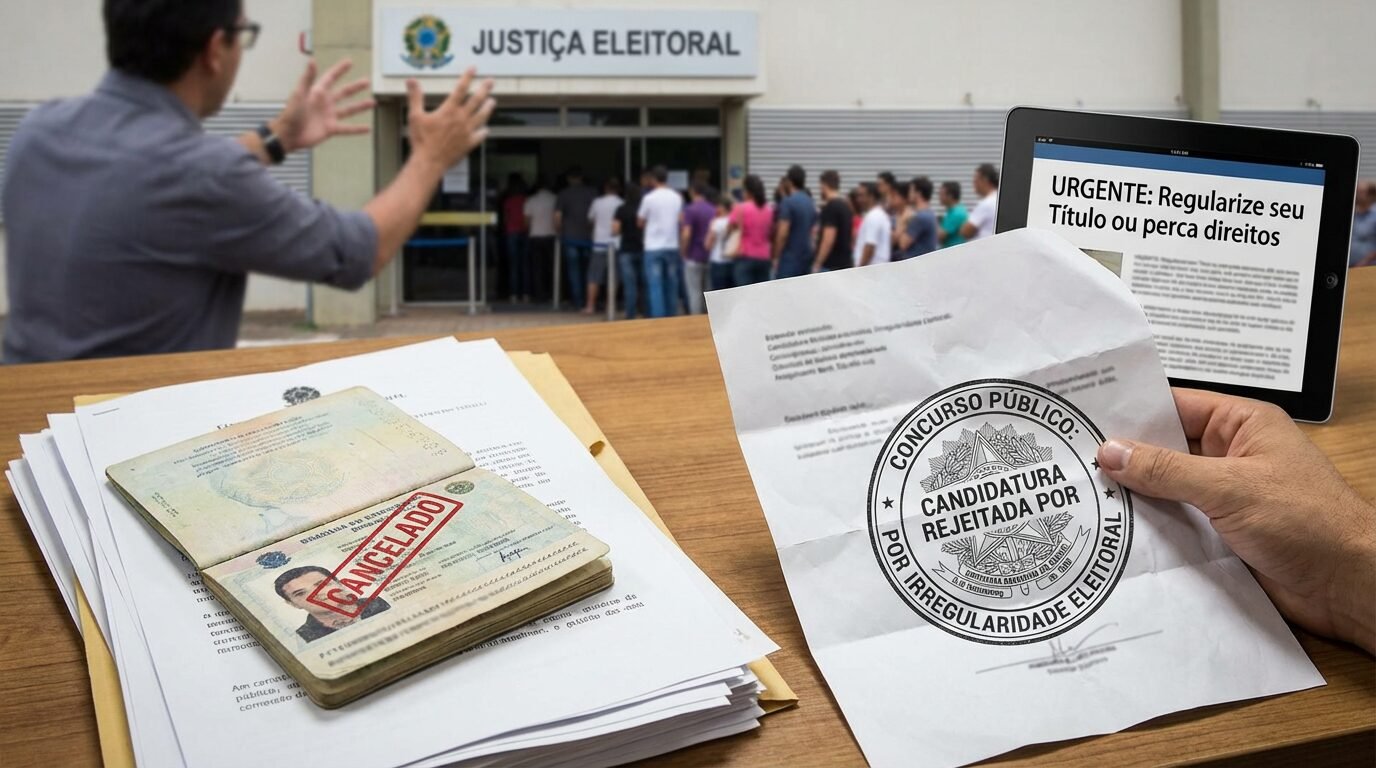 Eleitores sendo atendidos em um cartório eleitoral para regularizar o título