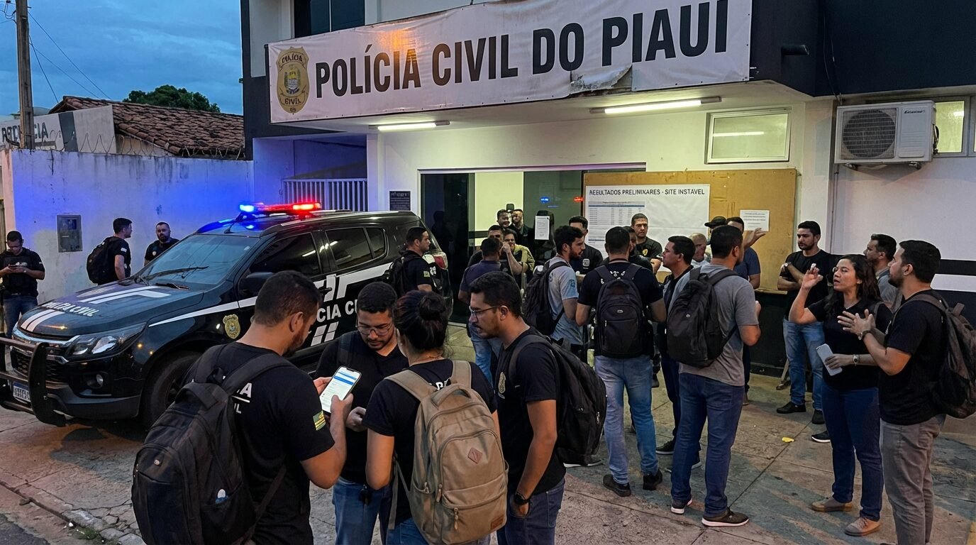 Candidatos e viatura em frente a prédio da Polícia Civil do Piauí em Teresina