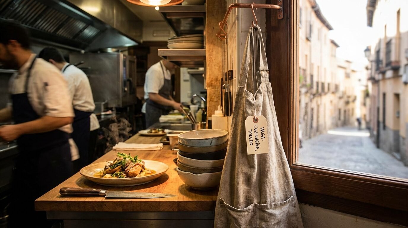 Cozinheira em cozinha industrial preparando refeições em bancada de inox