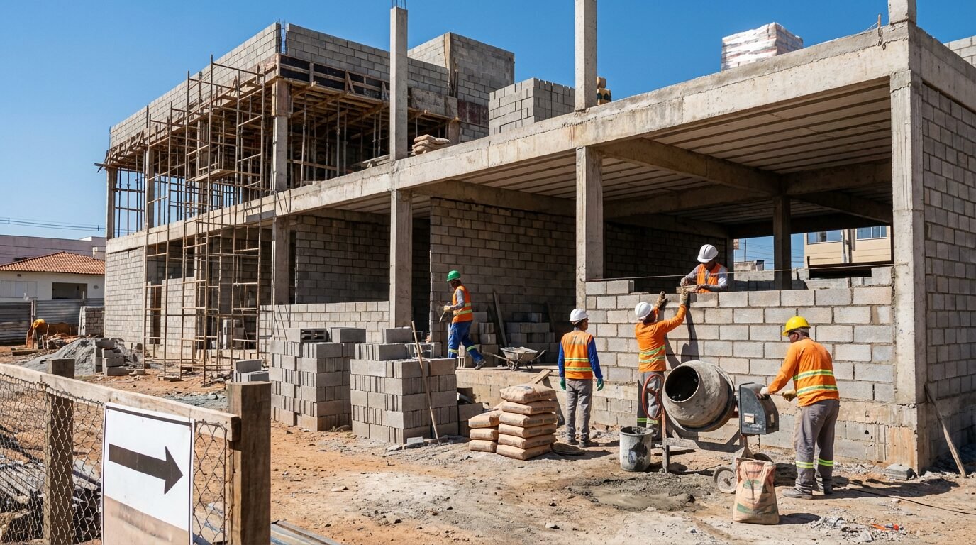 Canteiro de obras em Sete Lagoas com profissionais da construção civil em atividade