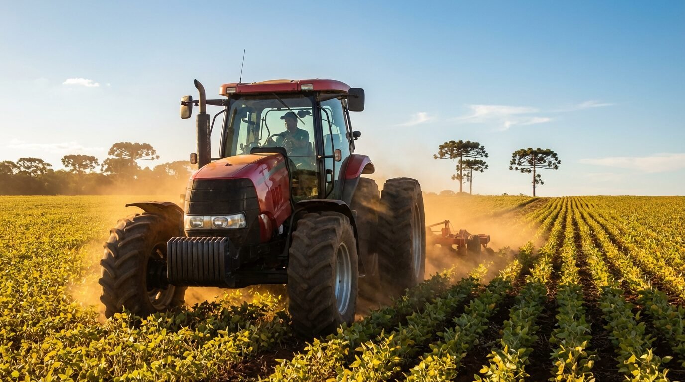 Tratorista agrícola operando trator em lavoura na região de Ponta Grossa, PR