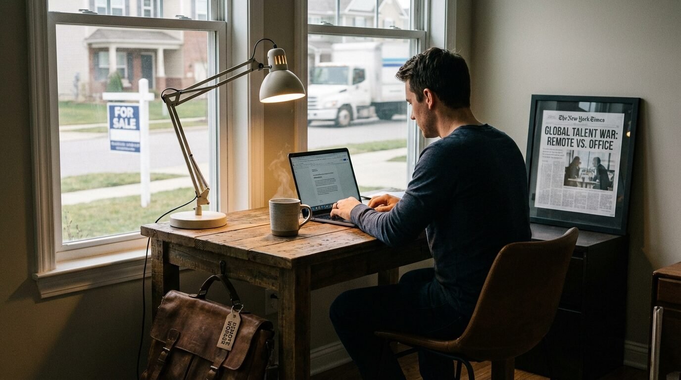Profissional trabalhando em home office com notebook sobre a mesa da sala