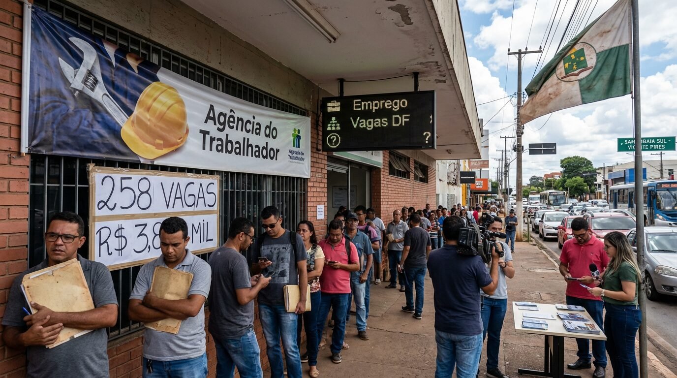 Fila de candidatos em frente a uma Agência do Trabalhador no Distrito Federal