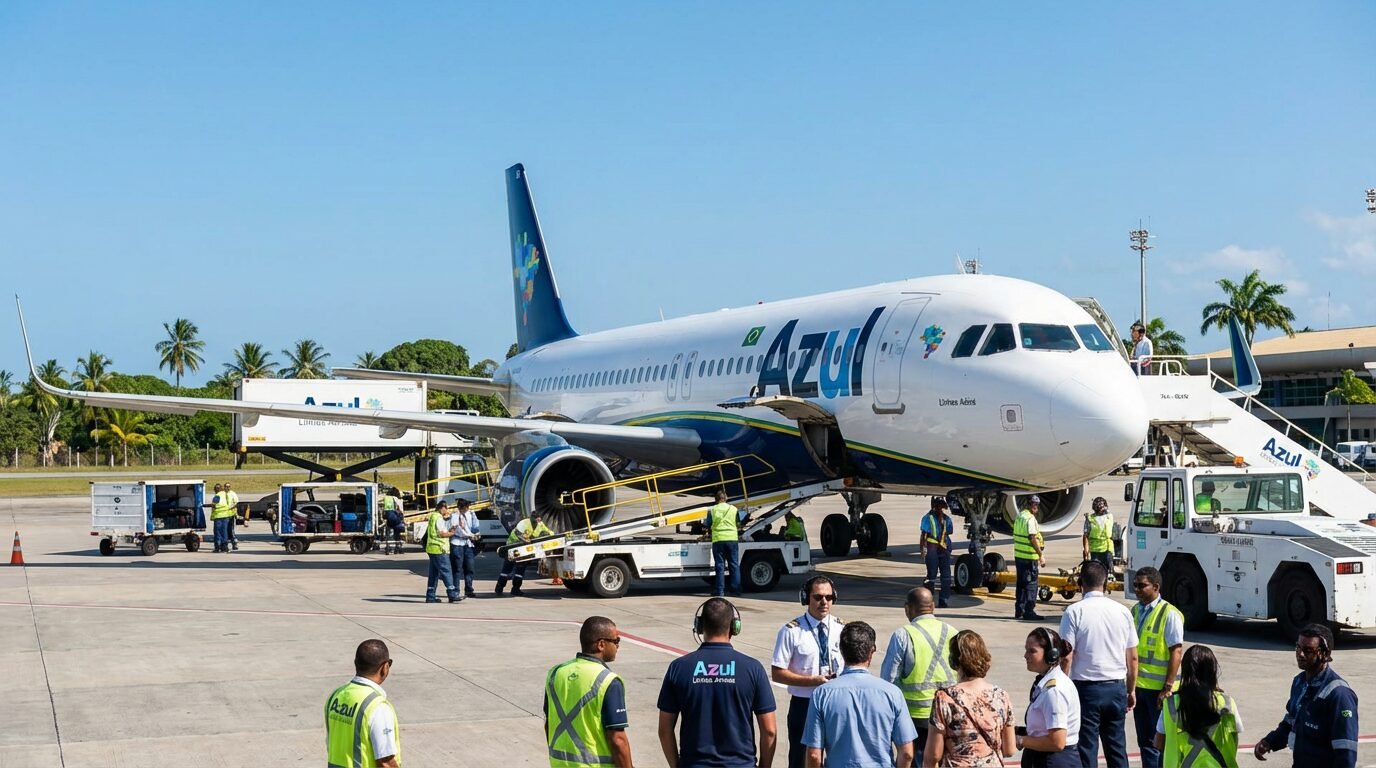 Avião da Azul Linhas Aéreas no pátio do aeroporto com equipe de solo ao lado