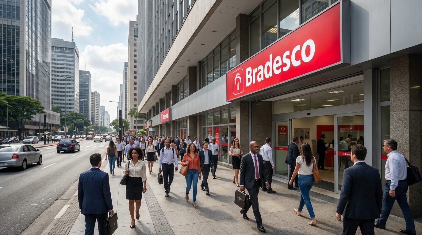 Fachada de agência do Bradesco com pessoas passando em frente