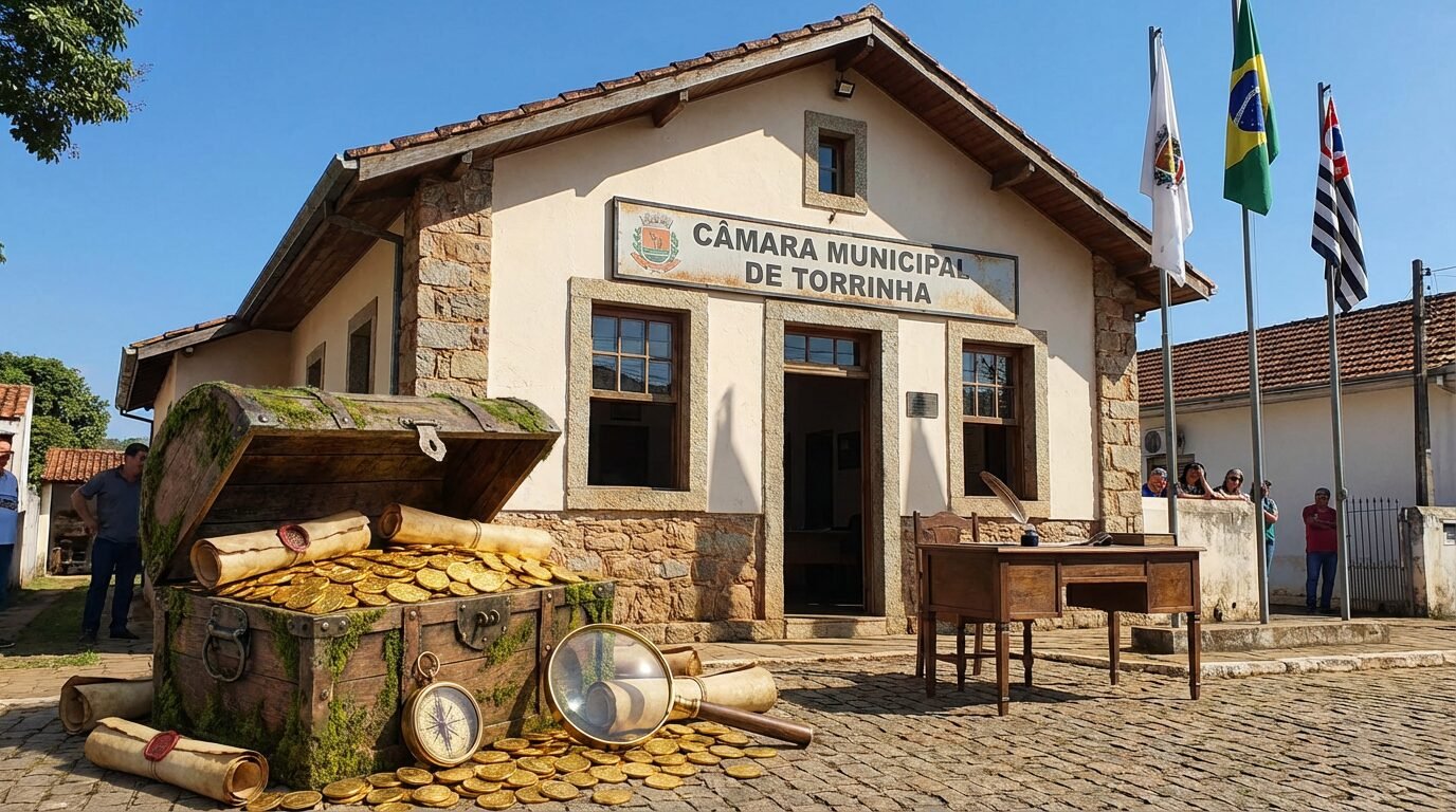 Fachada da Câmara Municipal de Torrinha SP com bandeiras hasteadas