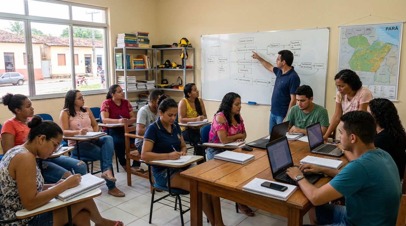 Alunos em sala de aula durante curso de qualificação profissional no Pará
