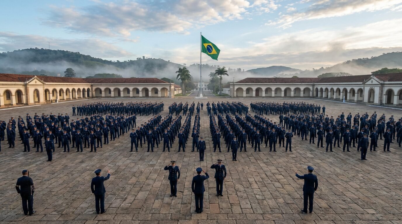 Cadetes da Epcar em formatura no pátio da escola em Barbacena MG