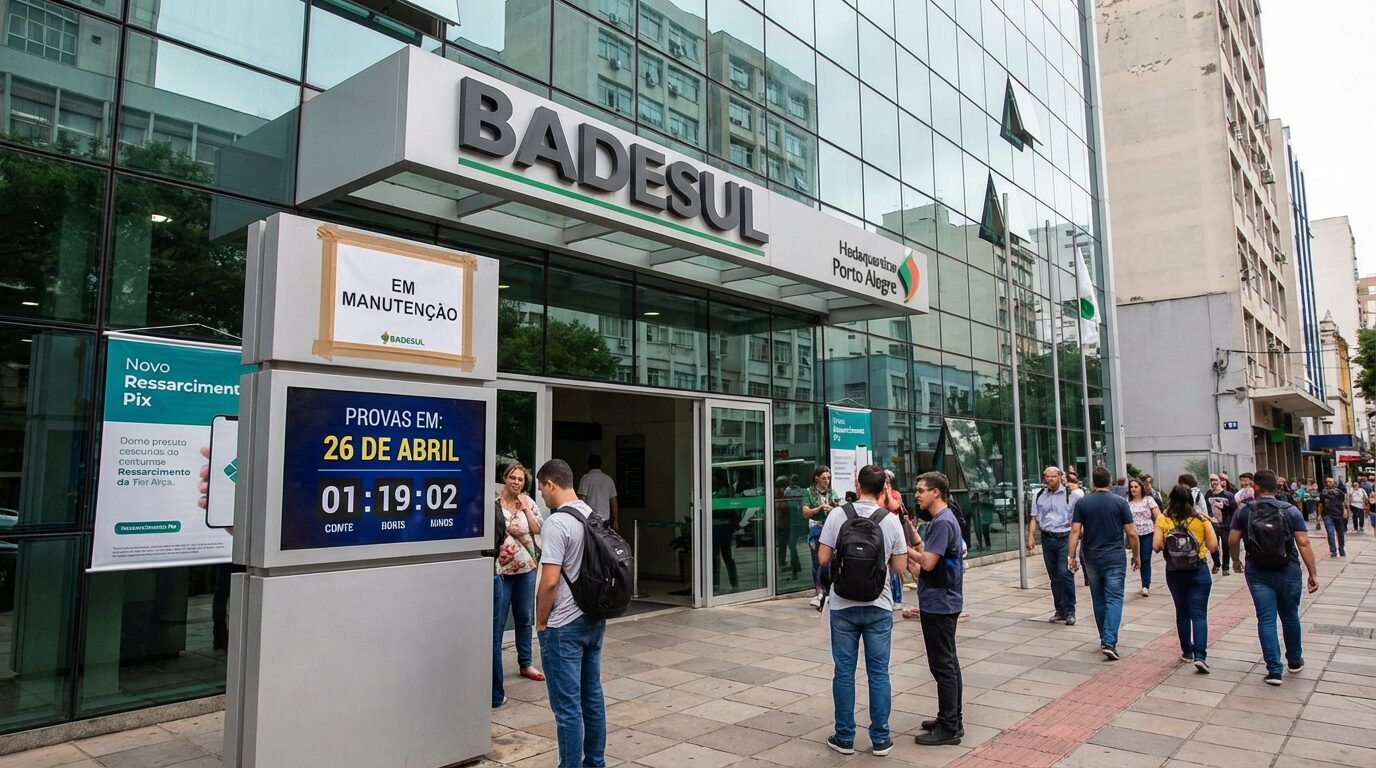 Fachada do Badesul com pessoas passando em frente em dia útil