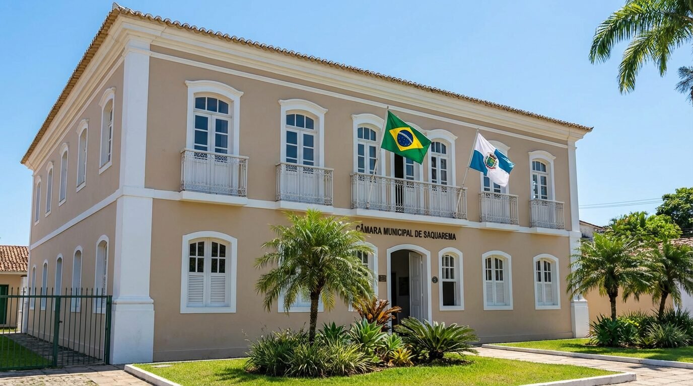 Fachada da Câmara Municipal de Saquarema RJ com bandeiras hasteadas