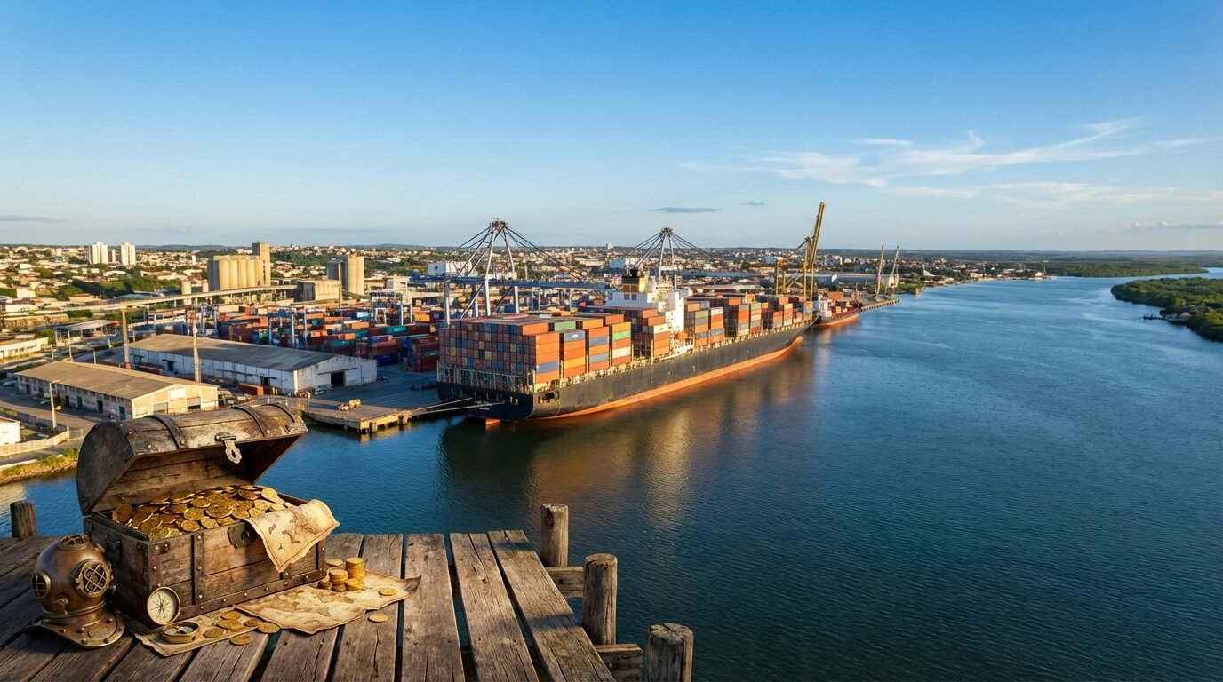Porto de Natal no Rio Potengi com navio atracado e guindastes, em Natal RN