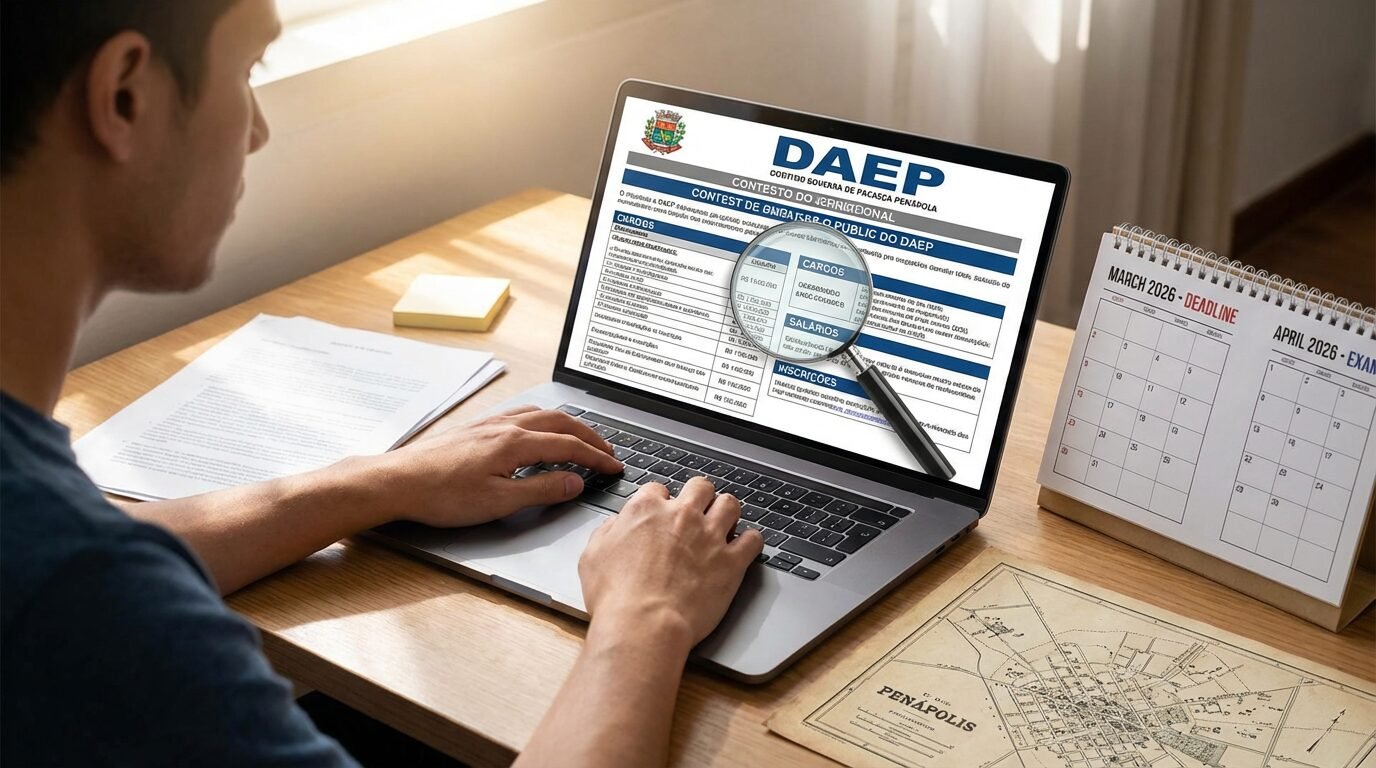 Inscrição em concurso público no computador com edital aberto na tela