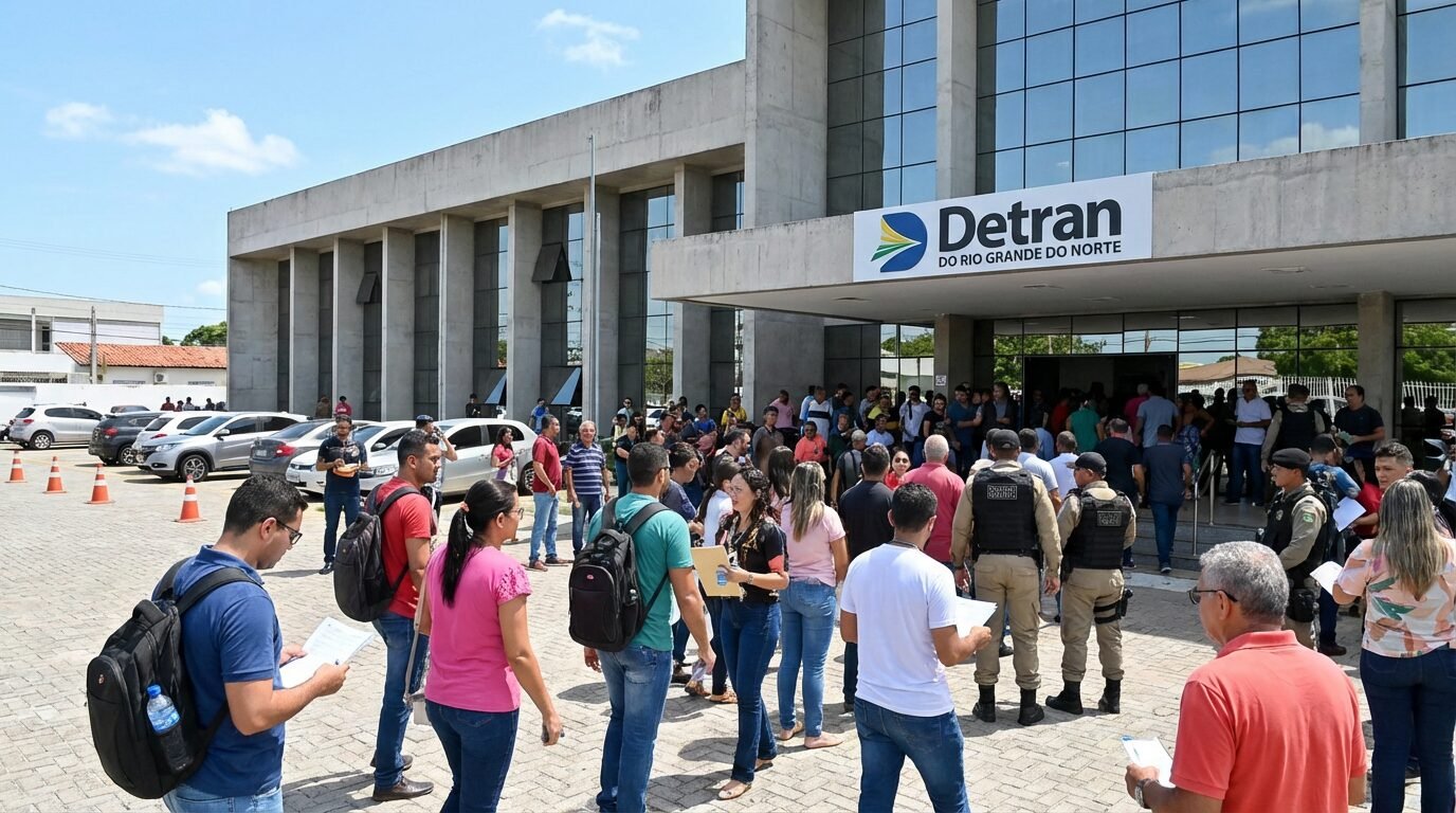 Candidatos em frente a prédio do Detran RN em Natal no dia de provas