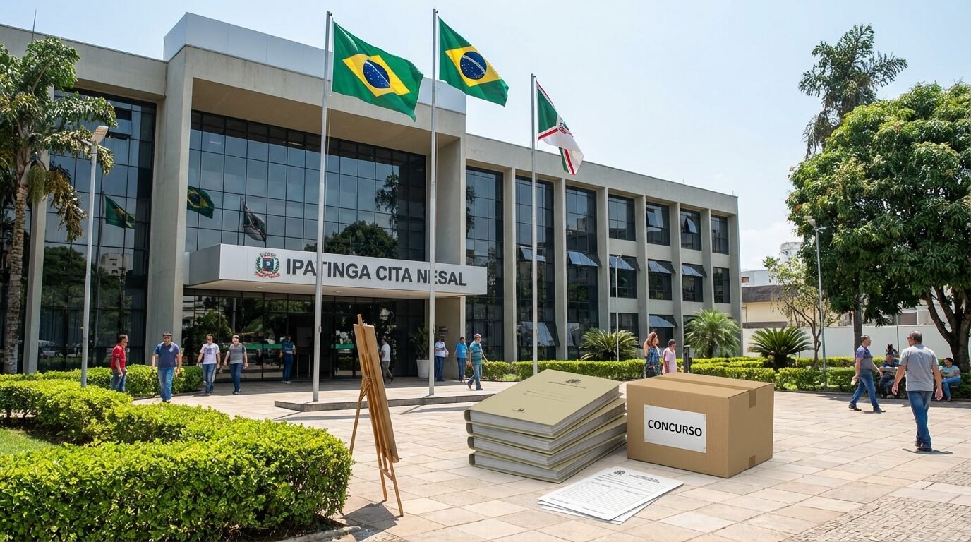 Fachada da Prefeitura de Ipatinga MG com bandeiras e prédio administrativo