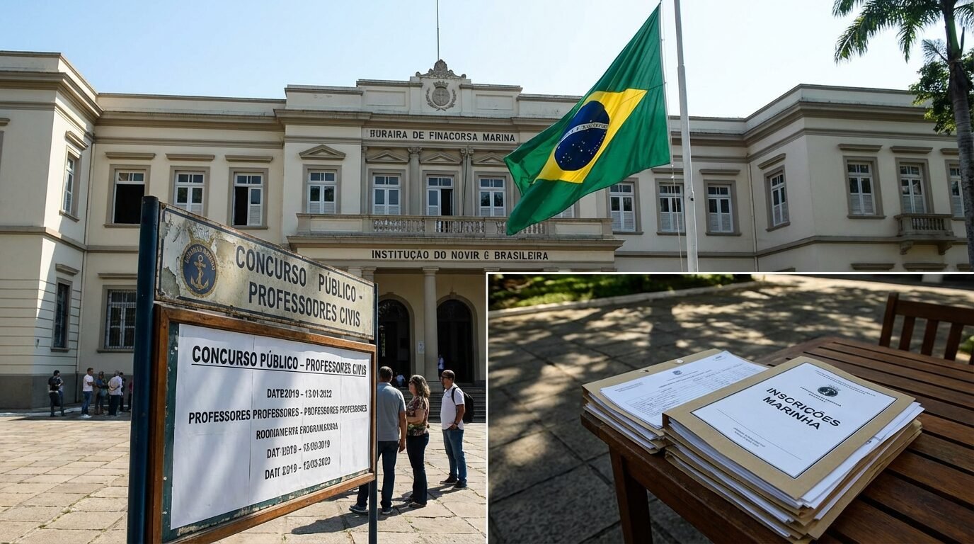 Unidade de ensino da Marinha do Brasil com bandeira nacional hasteada