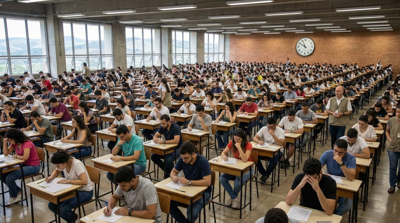 Candidatos realizando prova de concurso público em Minas Gerais