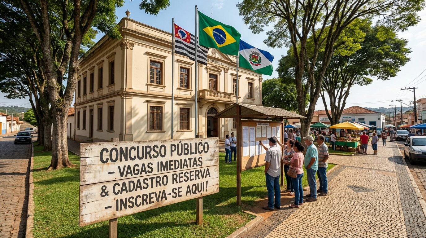 Fachada da Prefeitura de Mombuca SP com bandeiras na praça central