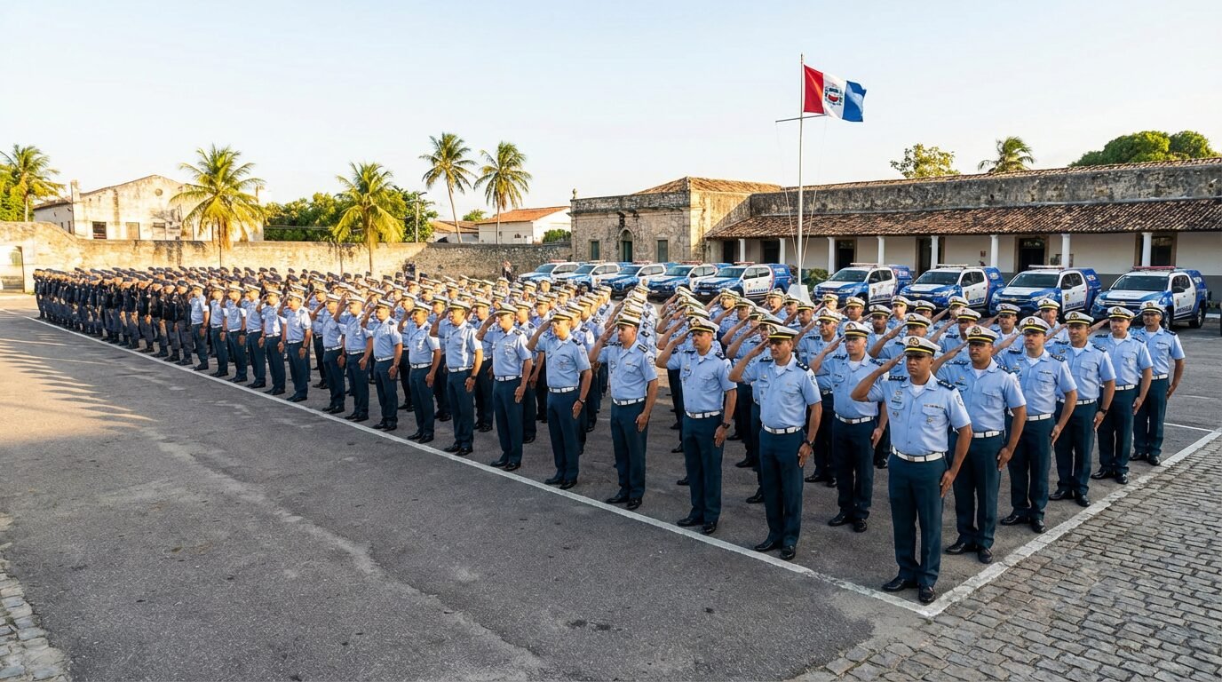 Policiais militares de Alagoas perfilados durante instrução no pátio do quartel