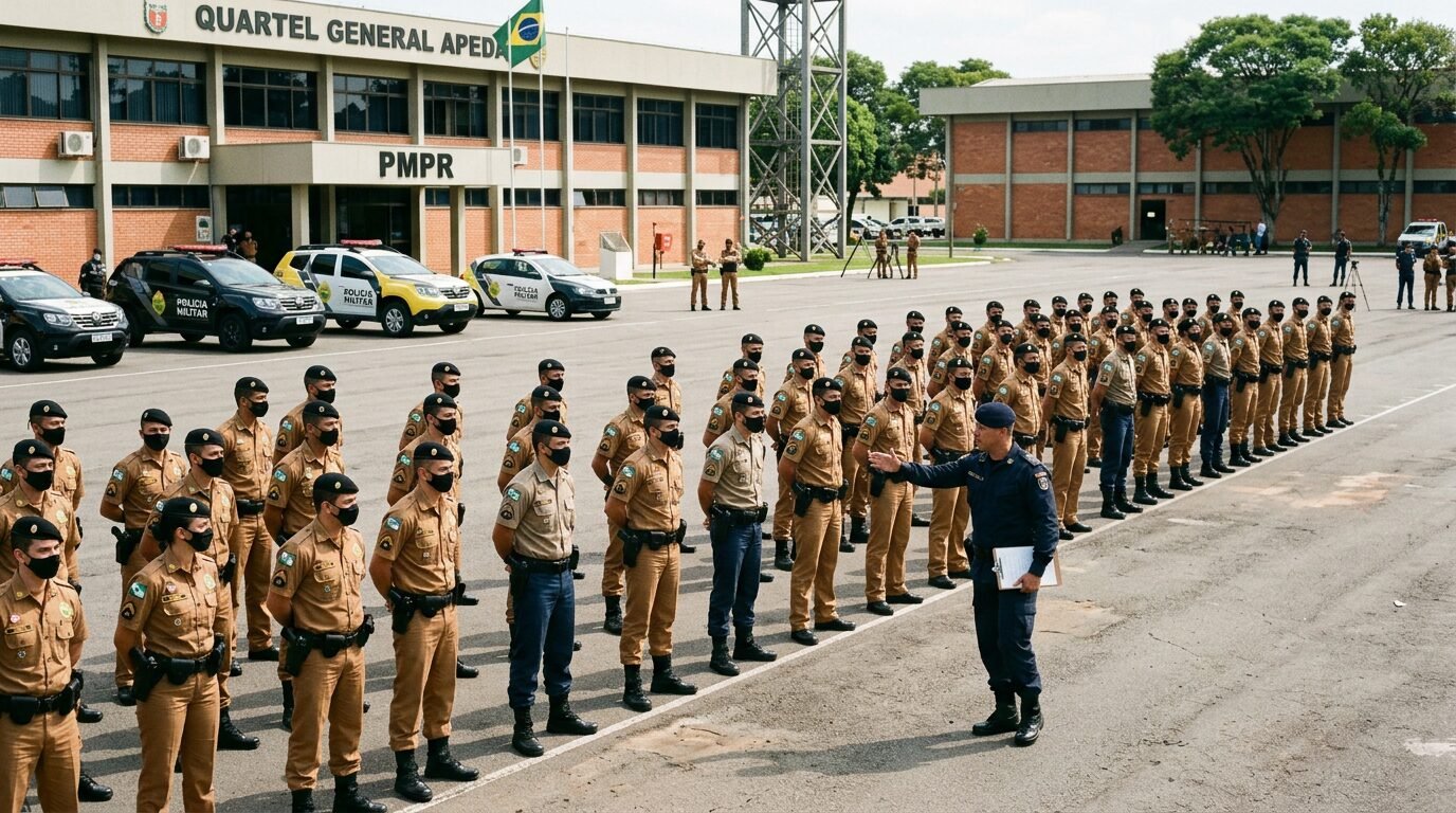 Soldados da Polícia Militar do Paraná perfilados em pátio durante instrução