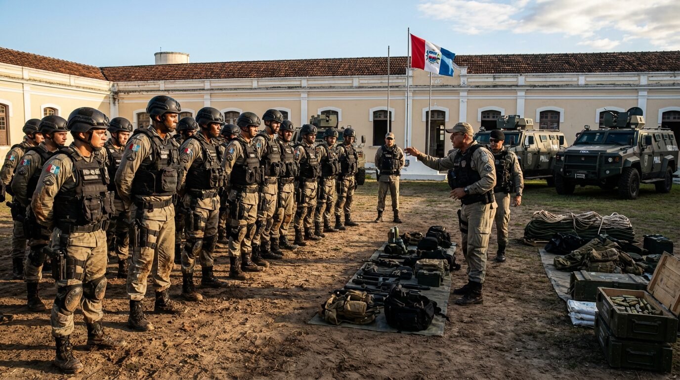 Policiais militares de Alagoas em formação durante instrução no quartel