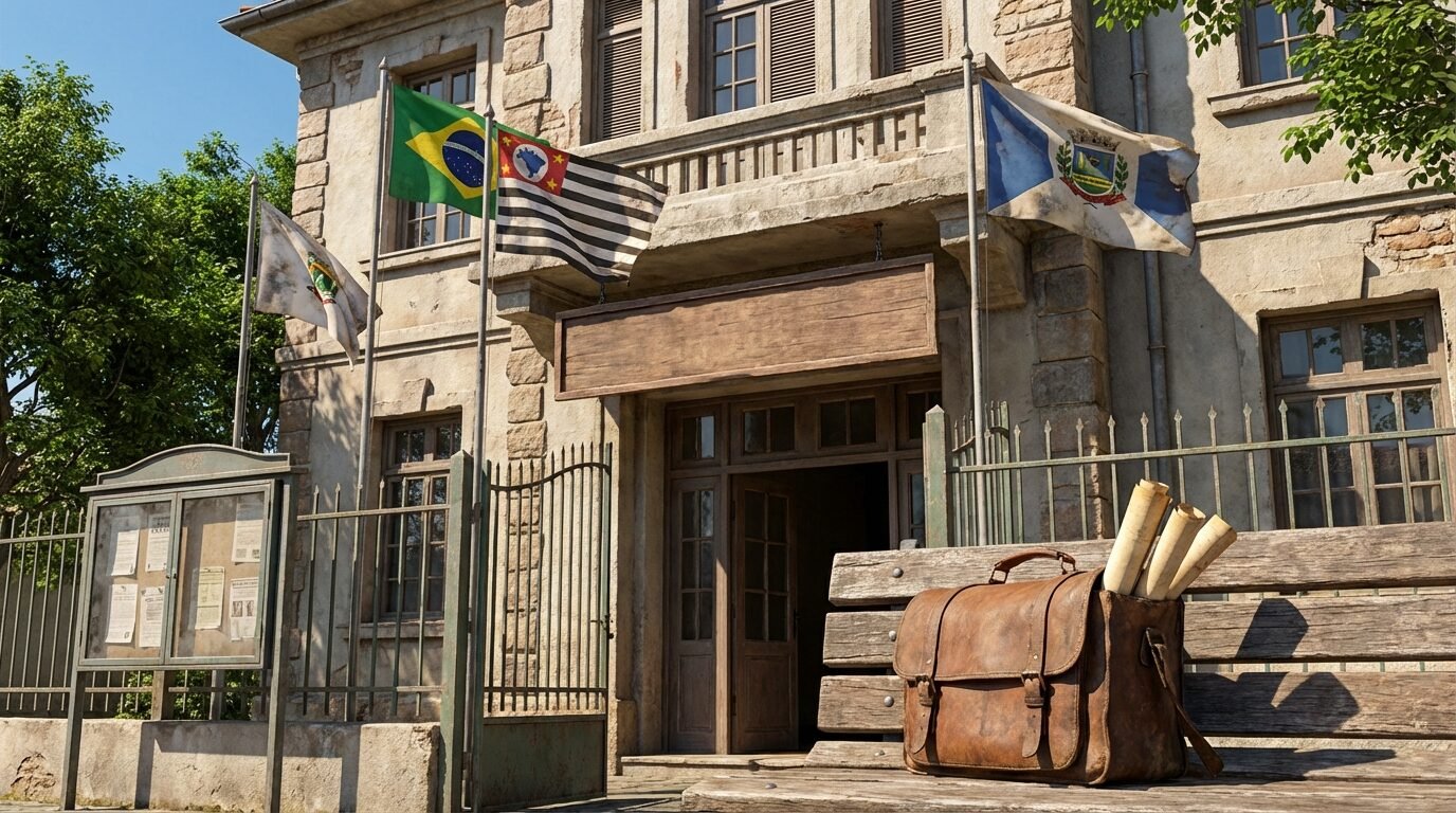 Prédio da Prefeitura de Bofete SP com bandeiras e entrada principal