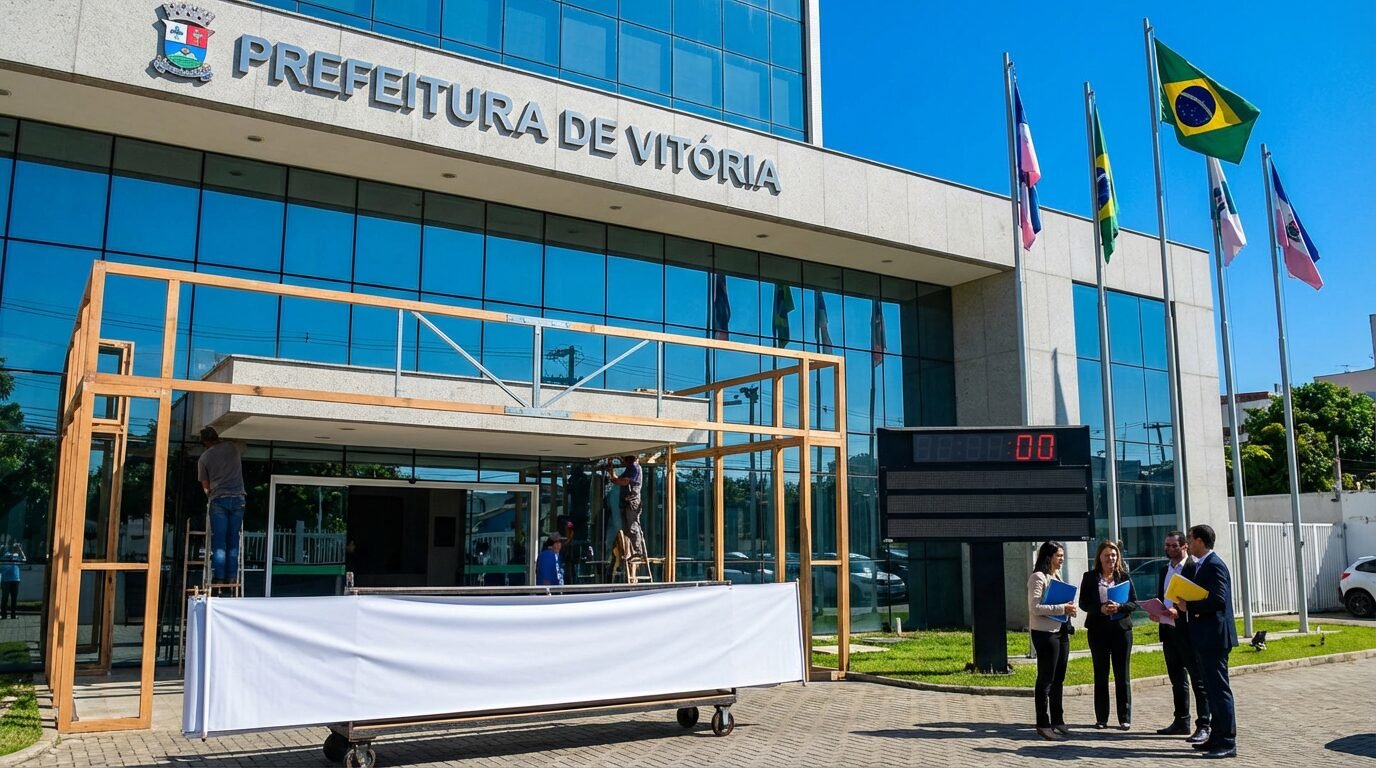 Fachada da Prefeitura de Vitória ES com bandeiras, em dia claro