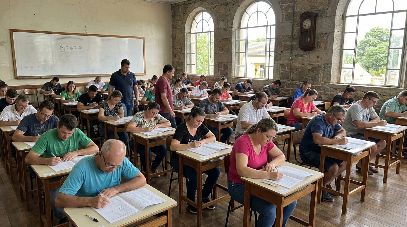 Candidatos realizando prova de concurso público em Rolador RS
