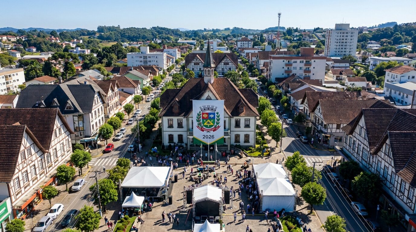 Centro de São Bento do Sul SC visto do alto com prédios de estilo europeu