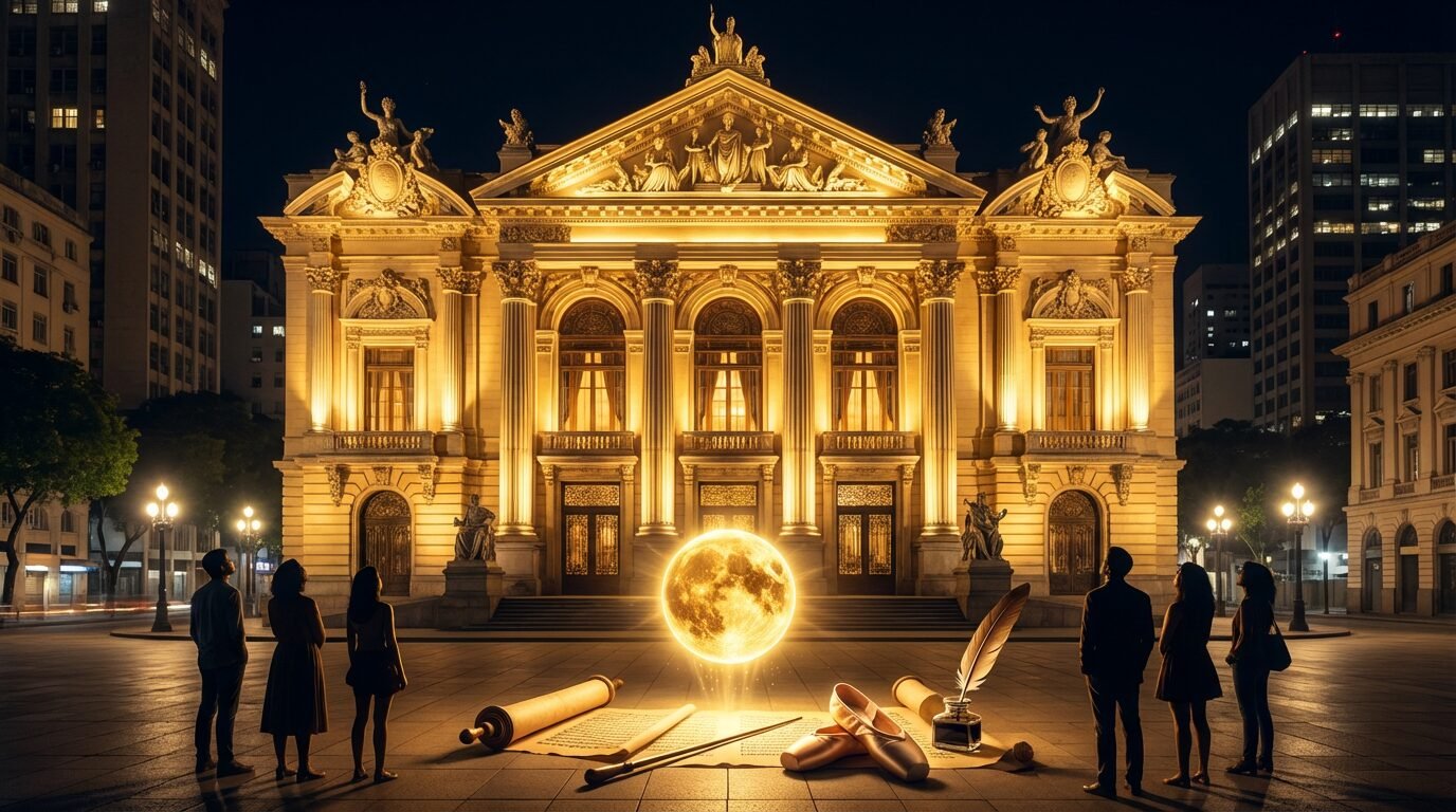 Fachada do Theatro Municipal do Rio de Janeiro iluminada, no Centro do Rio