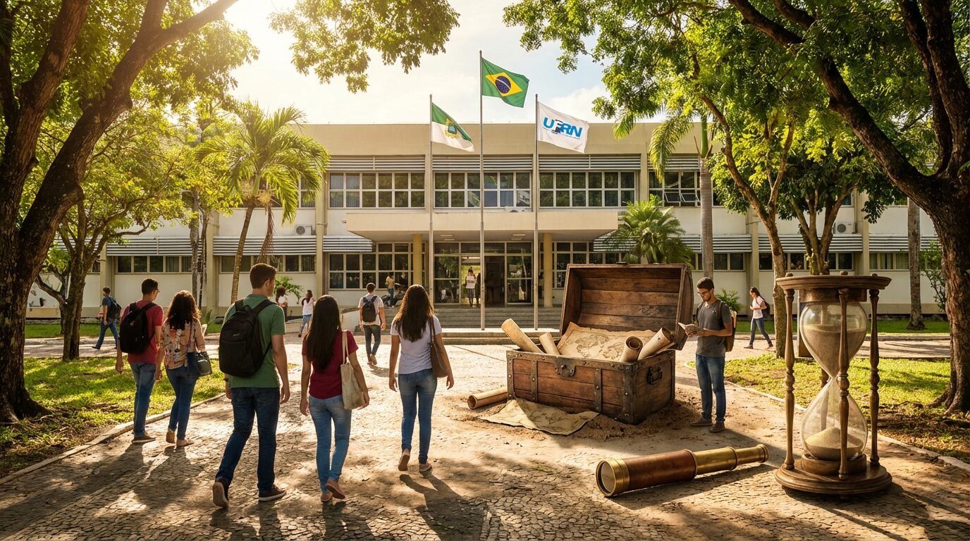 Fachada do campus central da UFRN em Natal com estudantes circulando