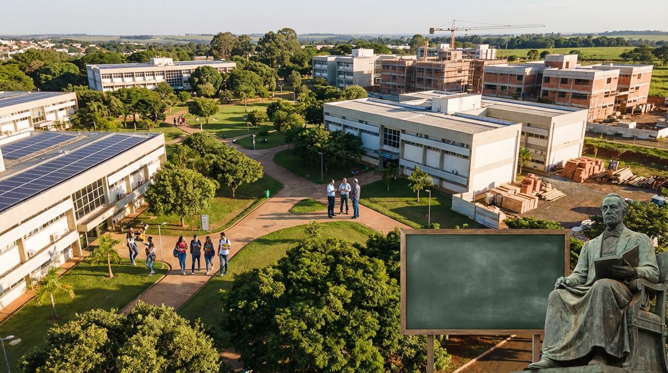 Prédios do campus da UFTM em Uberaba com área acadêmica ao fundo