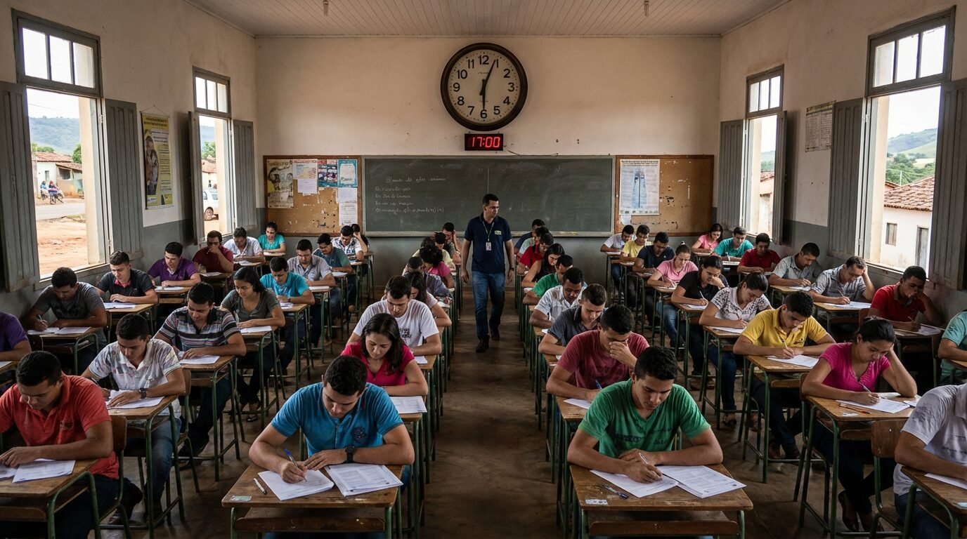 Vista de candidatos em sala de prova de concurso público em Goiás