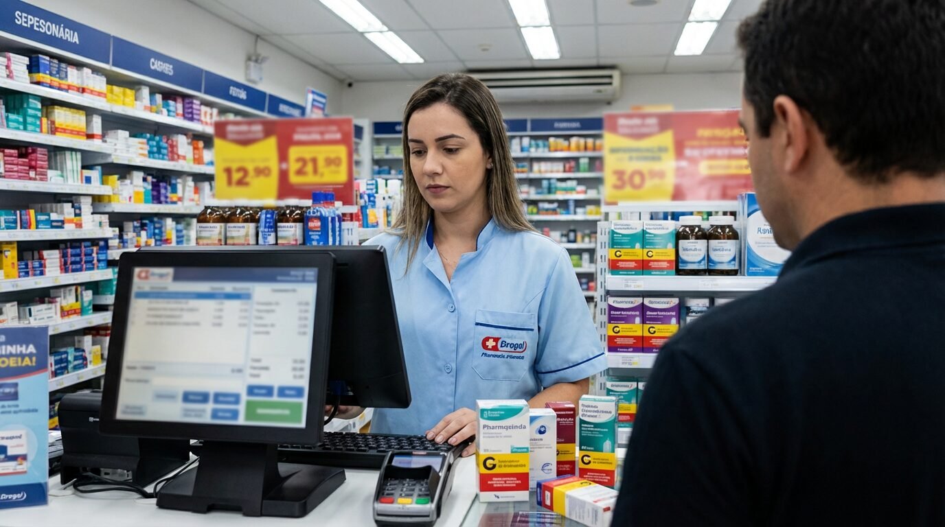 Operador atende cliente no caixa de farmácia na região de Campinas