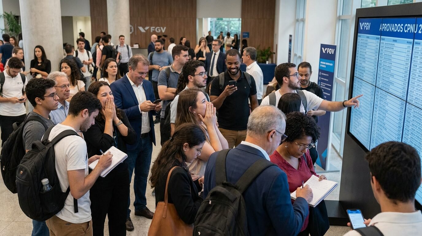 Aprovados do CPNU 2 consultando listas de resultados em painel da FGV