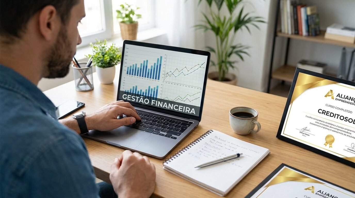 Microempreendedor estudando gestão em notebook com certificado ao lado