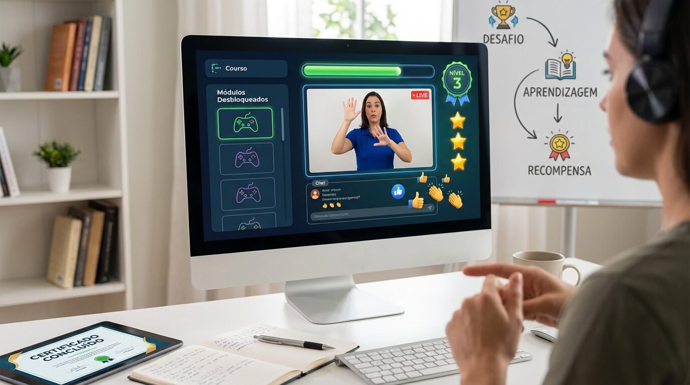 Professor usando Libras em aula online com elementos de gamificação na tela